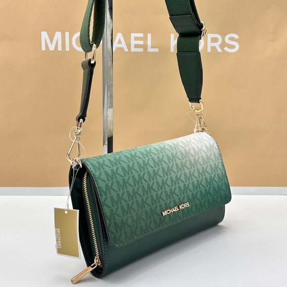 Michael Kors Jet Set Item Large Zip Around Wallet Crossbody Bag MK Ombre Green - Picture 3 of 15
